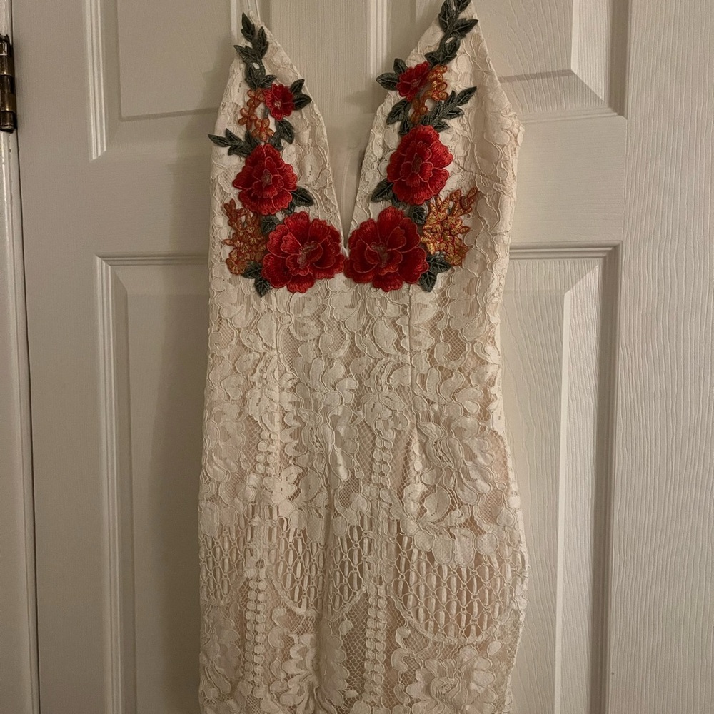 Banana Republic Cream Lace Dress with Red Floral Embroidery
